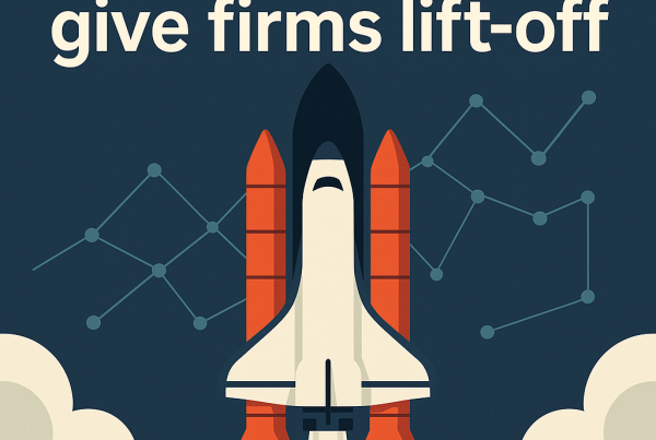 Illustrated space shuttle launching with stylized smoke and data nodes in the background, accompanied by the headline "Innovation funds give firms lift-off".