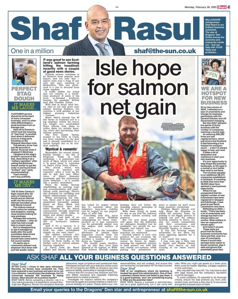 Full-page column layout with stories on Scotland’s booming salmon exports, Mowi’s island venture, business registration records, quirky train pizza delivery, and a sudden retail centre closure.