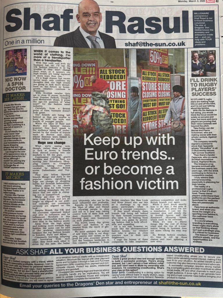 Full-page column with stories on fashion retail trends, Scottish rugby players turning entrepreneurs, a DJing Nicola Sturgeon, and the closure of Glasgow’s Trakke brand.