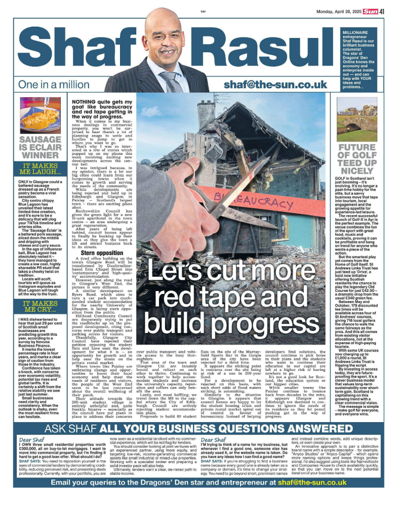 Newspaper column layout featuring main piece on red tape and urban planning, a sidebar on Scottish golf innovations, and quirky and concerning news roundups.