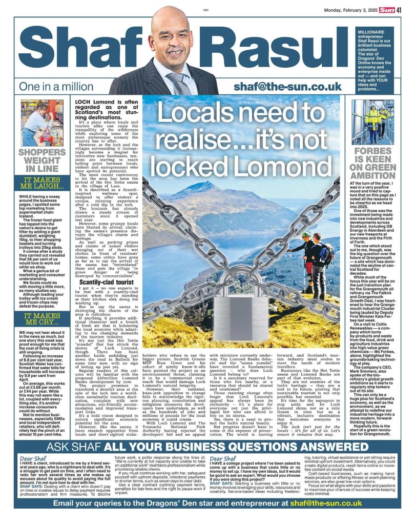 Newspaper column layout with segments on Loch Lomond tourism debates, Scottish green industry innovation, humorous retail trends, and rising utility costs.