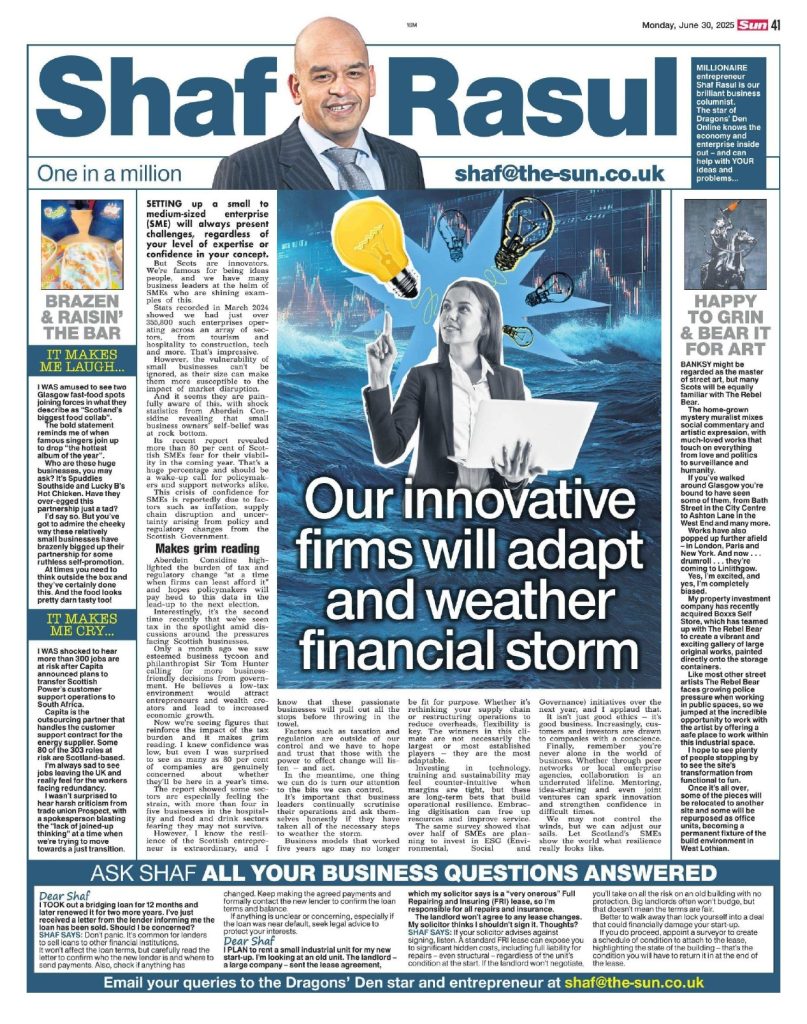 Full-page column layout featuring analysis on SME confidence, tax pressures, Rebel Bear street art in Linlithgow, outsourcing threats to Scottish Power jobs, and a local food collaboration in Glasgow.