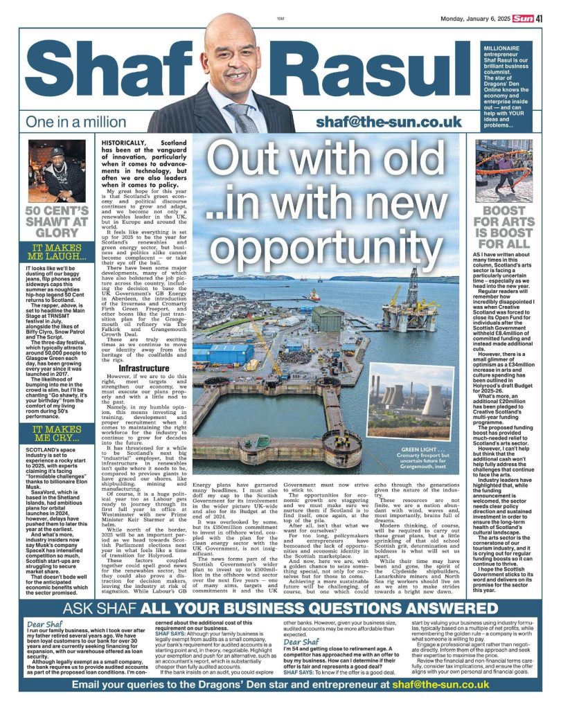Full newspaper column page featuring lead article on Scotland’s renewables sector and 2025 outlook, side story on cultural funding, a humorous hip-hop festival moment, and a space economy setback.
