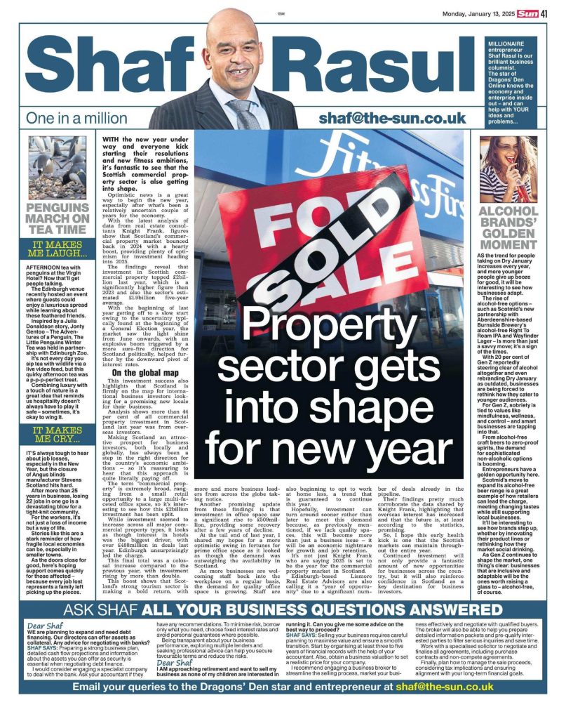 Full-page column featuring upbeat analysis of Scotland’s commercial property market recovery, a side section on alcohol-free trends, a humorous penguin tea story, and sad news about a blinds factory closure.