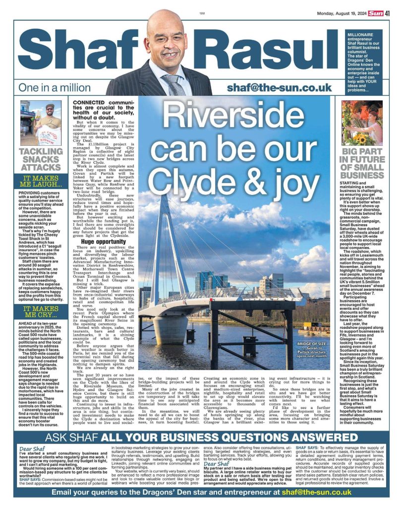 Full-page layout of Shaf Rasul’s column featuring a lead on Clyde regeneration, a sidebar about Small Business Saturday’s roadshow, and lighthearted and serious short takes.