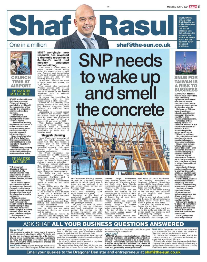 Full-page layout discussing the collapse of SME homebuilding in Scotland, retrofit workforce issues, and housing policy gridlock under the SNP.