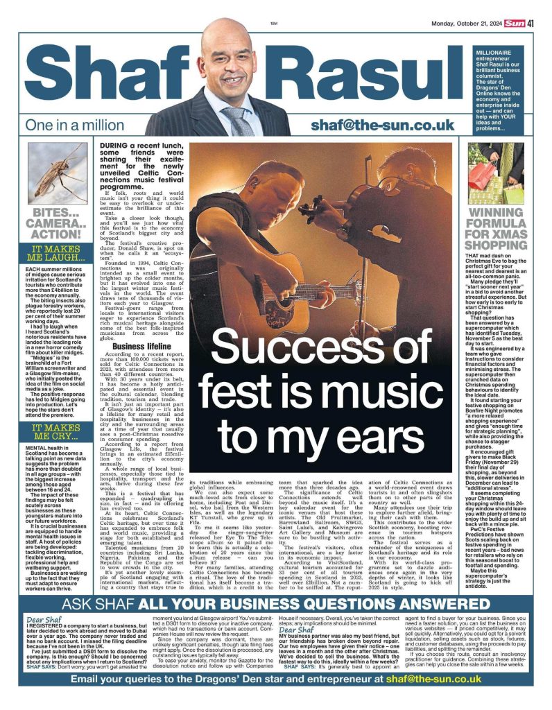 Scan of Shaf Rasul’s Scottish Sun column featuring coverage of Celtic Connections festival, early Christmas shopping strategy, mutant midgie film news, and mental health trends among young Scots.