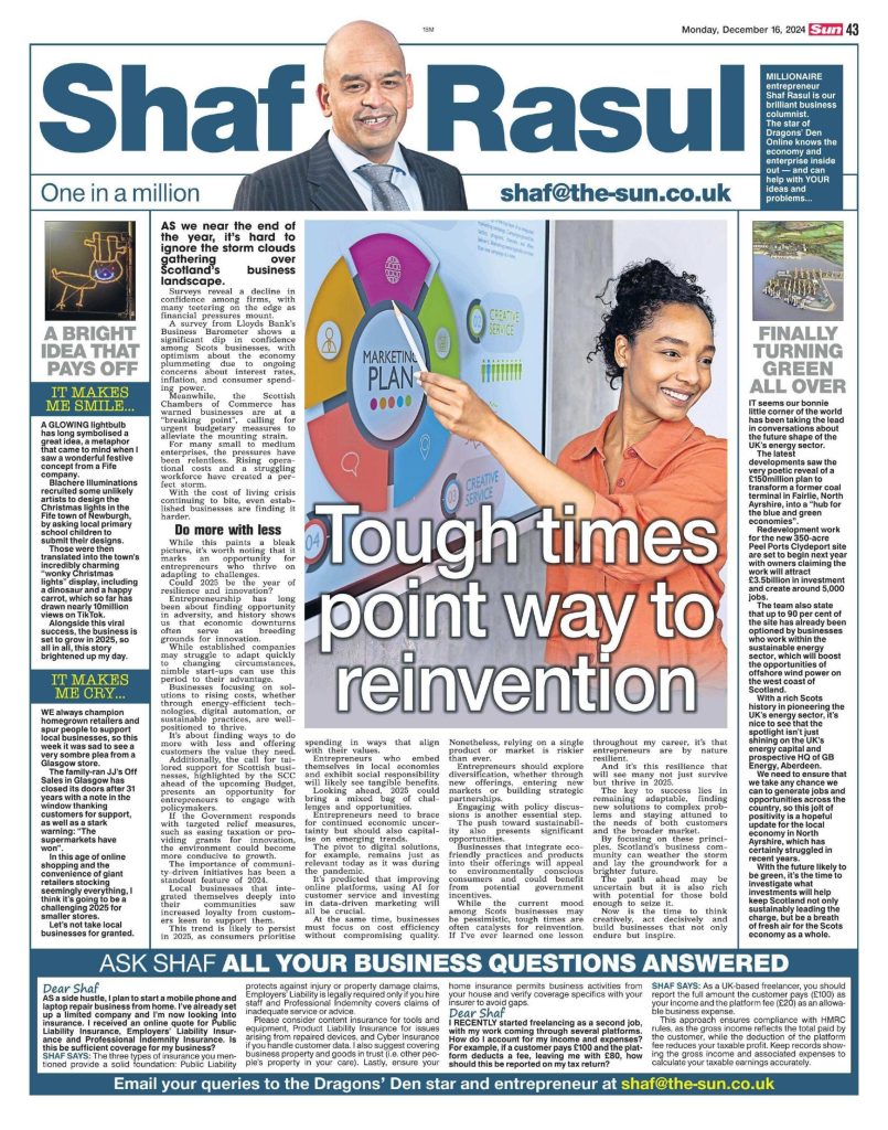 Full-page newspaper scan featuring Shaf Rasul’s four-part column on business struggles and innovation, energy investment in Fairlie, a viral Christmas lights story from Fife, and a Glasgow store closure.
