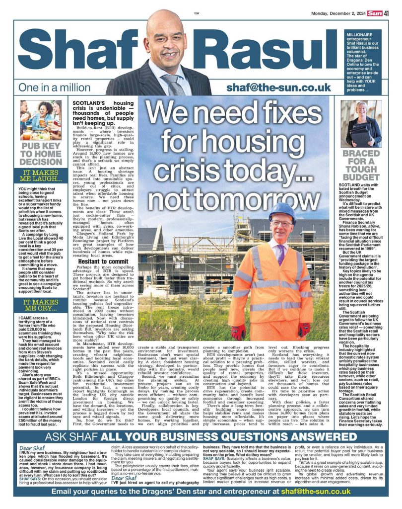 Full-page newspaper scan showing Shaf Rasul’s column with four sections: housing crisis (main), Scottish Budget preview (side), pub-based humour (laugh), and scam warning (weep).