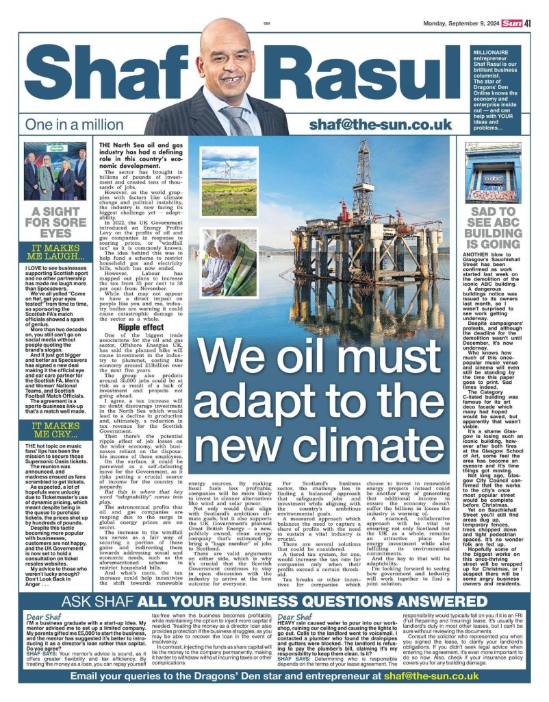 Full-page scan of Shaf Rasul’s weekly business column discussing oil levy impacts, Glasgow venue demolition, ticket pricing controversy, and business advice.