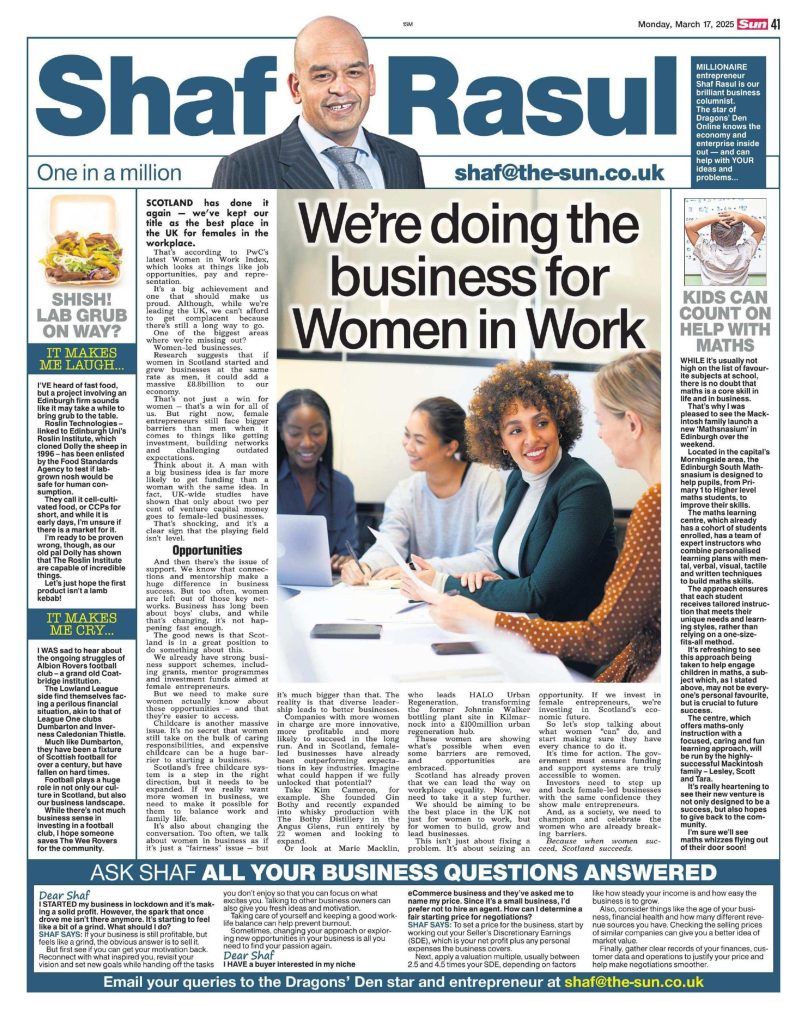 Full-page column featuring women in business leadership, a maths tutoring centre launch, lab-grown food research in Edinburgh, and the financial troubles of Albion Rovers FC.