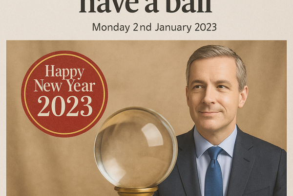 A newspaper-style headline reads "2023 Business will have a ball" above a suited businessman sitting beside a crystal ball, with a "Happy New Year 2023" badge in the background.