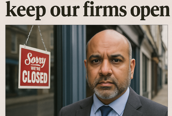 A concerned-looking businessman in a grey suit and blue tie stands in front of a row of shuttered storefronts. A red sign in the window reads, “Sorry, we’re CLOSED.” The headline above reads, “A tough job to keep our firms open.”