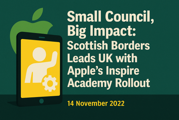 A digital illustration with the Apple logo and an iPad graphic featuring a waving figure and gear icon, alongside the headline "Small Council, Big Impact: Scottish Borders Leads UK with Apple’s Inspire Academy Rollout" and the date "14 November 2022" in bold yellow text.