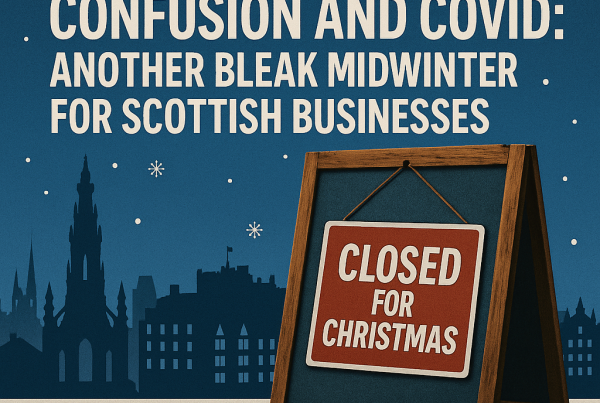 A digital newspaper front page with the headline "Cancellations, Confusion and Covid" in bold text, accompanied by a festive background featuring snow, a dimly lit high street, and a blurred image of a Christmas party table set for dinner but left empty.