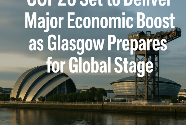A digital photograph with overlaid text captures a view of Glasgow’s SEC Armadillo and the Finnieston Crane beside the River Clyde, highlighting the COP26 climate summit.