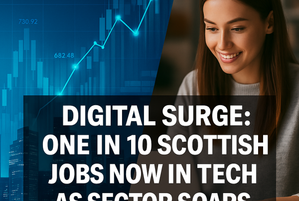 Split-screen image featuring a blue digital stock chart overlay on a city skyline alongside a smiling young woman working on a laptop. Bold white headline reads: "Digital Surge: One in 10 Scottish Jobs Now in Tech as Sector Soars."