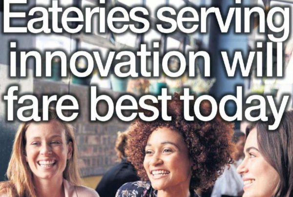 Banner with the headline “Eateries serving innovation will fare best today” overlaying an image of a modern, bustling restaurant kitchen or an innovative dining concept in action.