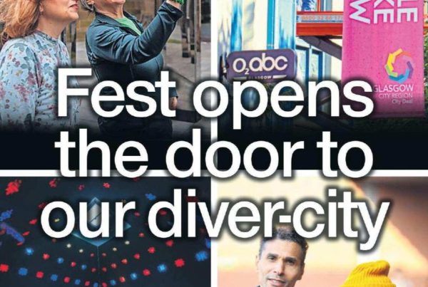 Banner image showing crowds exploring architectural sites in Glasgow with signage reading "Doors Open Days Festival", set against the city skyline. Overlay text reads: “Fest opens the door to our diver-city”.