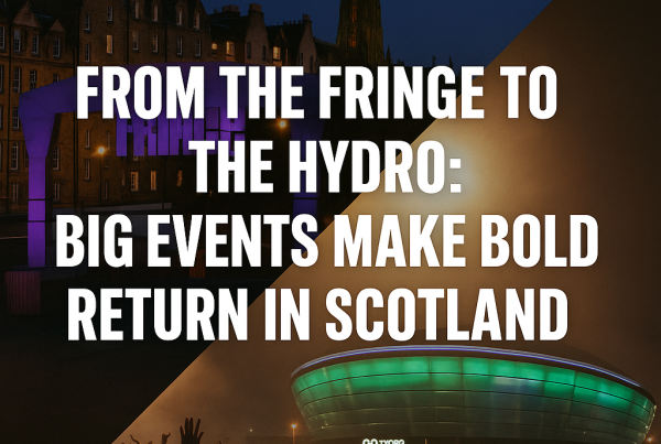 Split-image showing Edinburgh’s historic Royal Mile lit up during the Festival Fringe and Glasgow’s OVO Hydro arena glowing green, packed with cheering crowds. Bold white text in the center reads: "From the Fringe to the Hydro: Big Events Make Bold Return in Scotland."