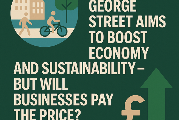 A flat-style digital illustration shows a pedestrian and cyclist on a city street with buildings and a tree in the background, accompanied by bold text reading “Revamp of George Street Aims to Boost Economy and Sustainability – But Will Businesses Pay the Price?” and the date “7 November 2022.”