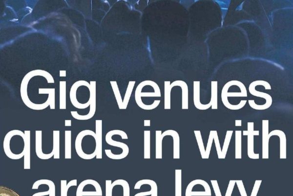 Banner image of a packed concert venue with stage lights and cheering crowd, overlaid with the headline “Gig venues quids in with arena levy” and a photo of Shaf Rasul.