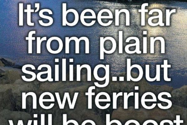 A sleek, modern ferry departs from a Scottish coastal town at sunrise, with “Glen Sannox” visible on its side. Overlaid text reads: “It’s been far from plain sailing…but new ferries will be boost” with a profile image of Shaf Rasul.
