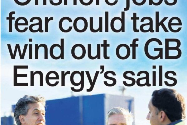 Banner image featuring an offshore oil platform fading into wind turbines under a cloudy North Sea sky, with the headline “Offshore jobs fear could take wind out of GB Energy's sails” in bold overlay.
