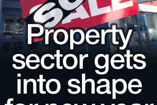 Banner image showing a modern commercial building under a clear winter sky, with bright “For Lease” signs visible, overlaid with the headline “Property sector gets into shape for new year” and Shaf Rasul’s portrait in the corner.