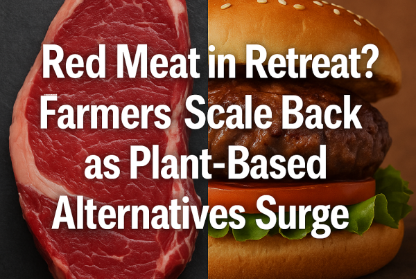 Split-image showing a raw red steak on the left and a plant-based burger on the right, with bold white text reading "Red Meat in Retreat? Farmers Scale Back as Plant-Based Alternatives Surge."