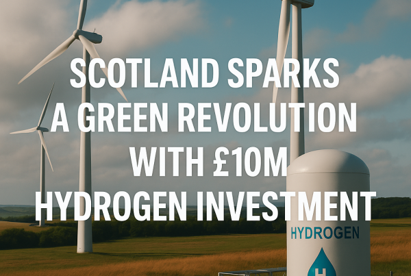 Wind turbines and a hydrogen storage tank in the Scottish countryside with the headline "Scotland Sparks a Green Revolution with £10M Hydrogen Investment" superimposed in bold white letters.