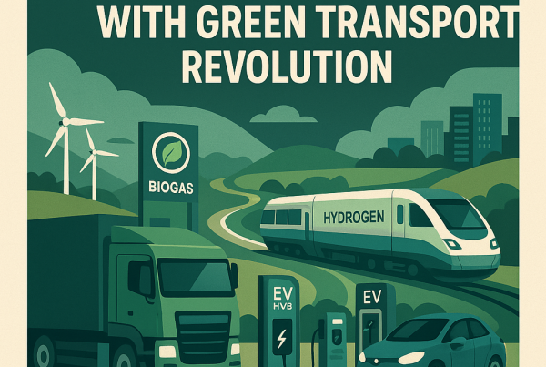 Square digital graphic with the headline “Scotland Steers Ahead with Green Transport Revolution” overlaid on a stylized illustration of a green HGV at a biogas refueling station, electric vehicle charging hubs, and a hydrogen-powered train in a modern Scottish landscape.