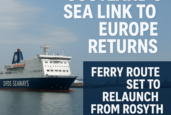 A large DFDS Seaways ferry docked at port under a lightly clouded sky. Bold white text on the right reads: "Scotland’s Sea Link to Europe Returns – Ferry Route Set to Relaunch from Rosyth."
