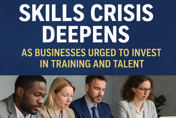 Square graphic split into two parts: the top half displays bold white and yellow text reading "Scotland’s Skills Crisis Deepens – As Businesses Urged to Invest in Training and Talent" on a navy-blue background. The bottom half shows four diverse professionals in a modern office space focused on laptops and documents.