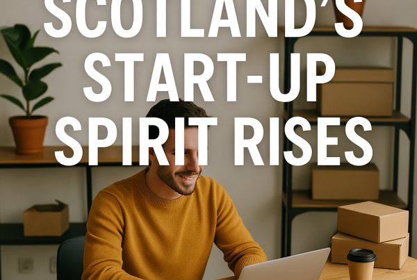 Square promotional banner showcasing the headline “Scotland’s Start-Up Spirit Rises” over a modern home office scene. A young entrepreneur types on a laptop with sketches, packaging, and coffee cups nearby, symbolizing innovation, remote work, and side hustle culture.