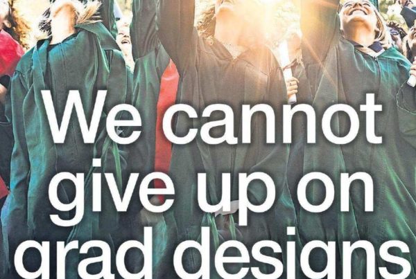 Headline “We cannot give up on grad designs” layered over an image of university graduates in gowns walking through a Scottish campus.