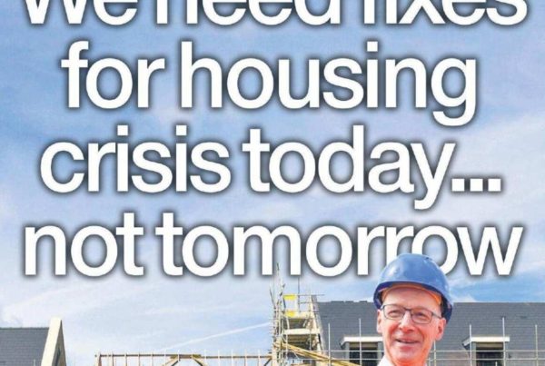 Banner image showing a city skyline with cranes and ongoing construction, overlaid with bold text reading “We need fixes for housing crisis today... not tomorrow” and a headshot of Shaf Rasul in the corner.