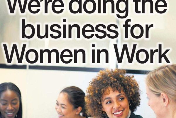 Headline “We’re doing the business for Women in Work” over an image of confident businesswomen in a modern office setting, with a Scottish flag subtly in the background.