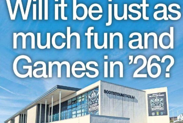 Banner showing Glasgow cityscape with Commonwealth Games branding in the background, including athletes and Clyde mascot, with bold headline text: “Will it be just as much fun and games in '26”