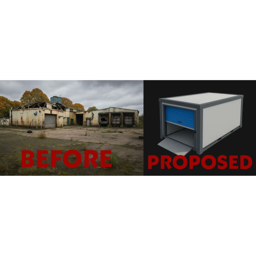Derelict Strathtay Road factory in Perth beside proposed Strongholds modular self-storage unit.