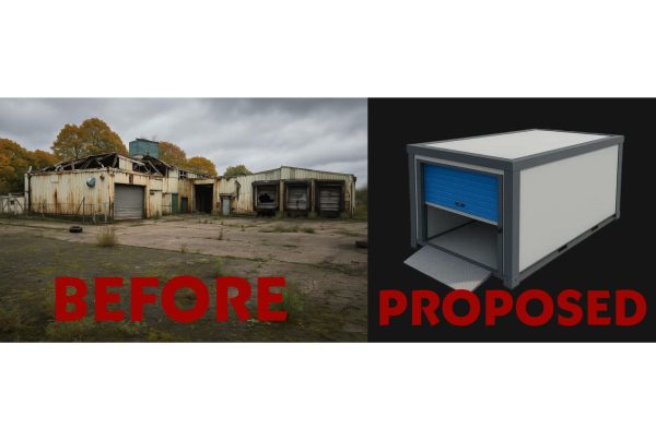Derelict Strathtay Road factory in Perth beside proposed Strongholds modular self-storage unit.