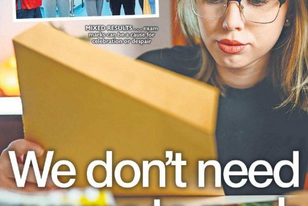 Young woman reading an exam results letter with a worried expression; inset image of happy students comparing results; large overlaid headline text reads “We don’t need exams to push the envelope.