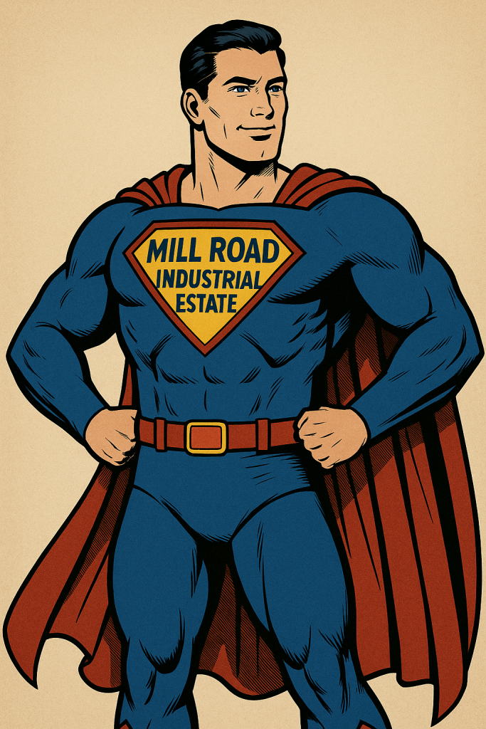 Superhero figure with “Mill Road Industrial Estate” logo on chest, symbolising strength and innovation
