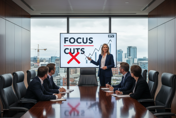 Business executives in a modern Scottish boardroom discuss STV’s future strategy as a presenter points to a screen reading “Focus Not Cuts.” Photorealistic image illustrating Shaf Rasul’s column for The Scottish Sun about STV’s need to focus on core strengths and make smarter business decisions.