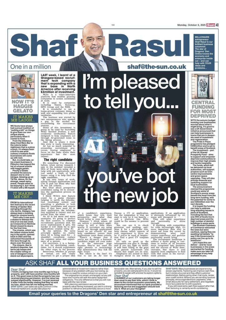 Full page layout of Shaf Rasul’s Scottish Sun business column from 6 October 2025 discussing how AI is reshaping recruitment, featuring Glasgow tech firm Willo’s global expansion.