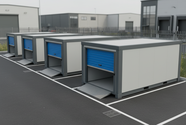 Row of Strongholds modular storage units in a modern industrial estate.
