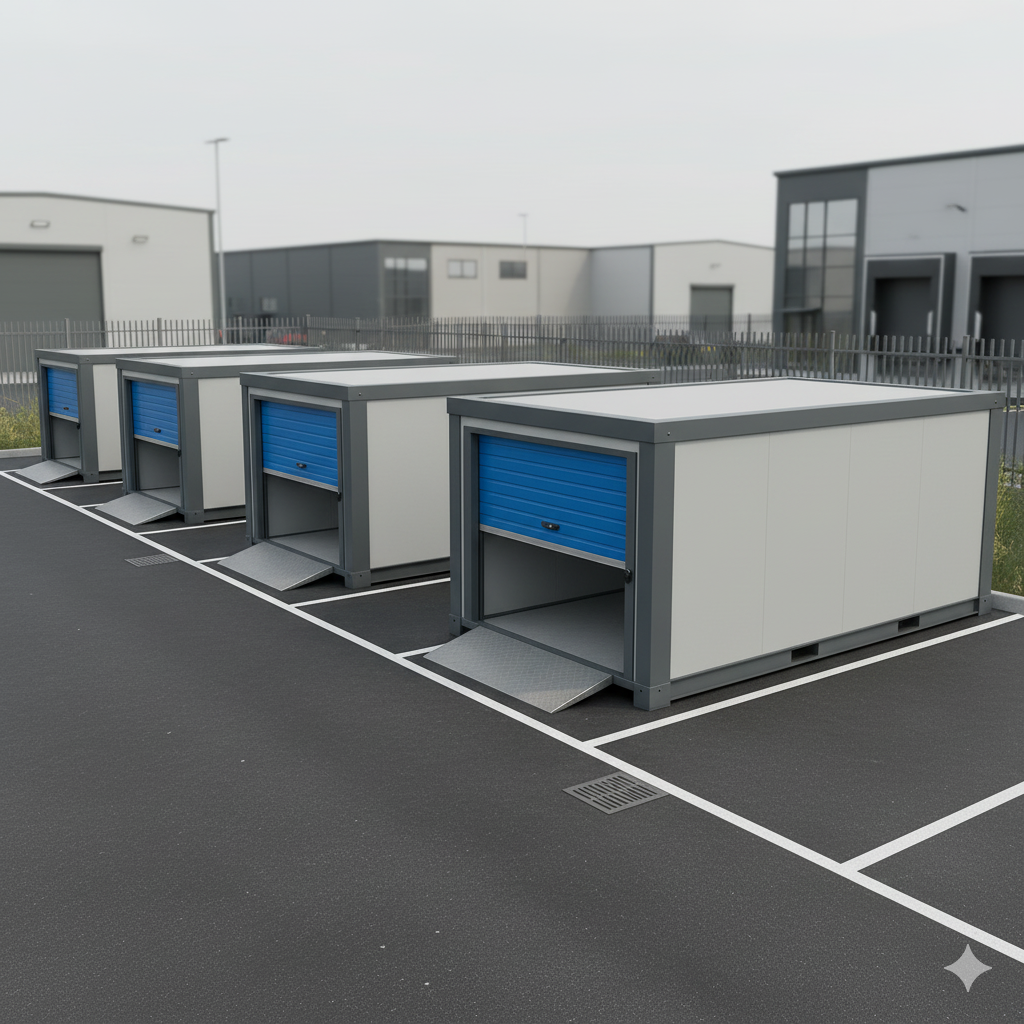 Row of Strongholds modular storage units in a modern industrial estate.