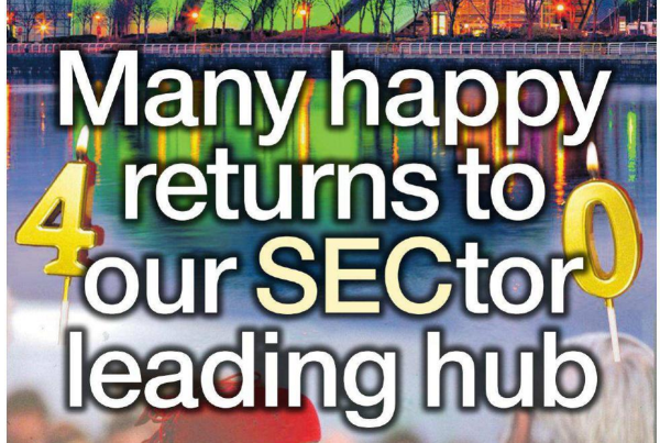 Night view of Glasgow’s SEC campus with the Armadillo lit in green, large white headline text “Many happy returns to our SECtor leading hub,” and an inset photo of The Queen smiling at the original SECC opening.