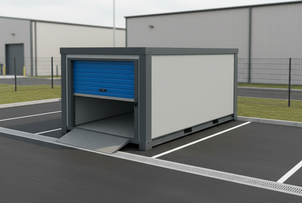 Strongholds modular storage unit with blue roller door at a modern Scottish industrial estate.