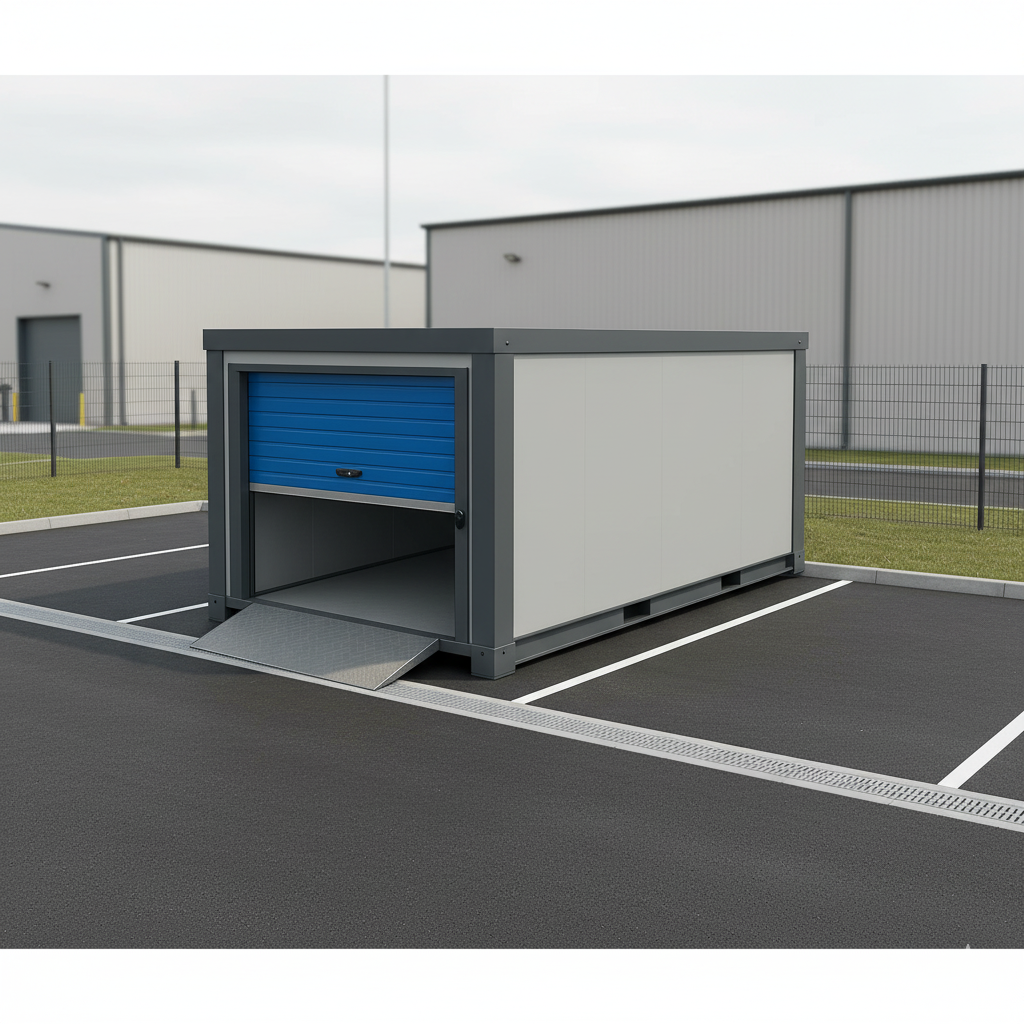 Strongholds modular storage unit with blue roller door at a modern Scottish industrial estate.